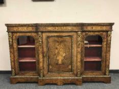 A fine quality Victorian figured walnut, satinwood inlaid and ormolu mounted breakfront credenza,