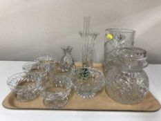A tray of five Webb Crystal bowls, crystal storage jar,
