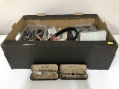 Two boxes of optometrists equipment, glasses, telephones,