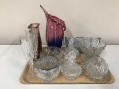 A tray of three mid 20th century coloured glass decanters with stoppers, lead crystal glasses,