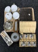 A tray of cased cutlery, small barometer, plated basket,