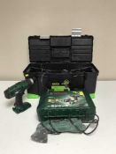 A Stanley tool box of assorted power tools and a Bosch 18 volt drill