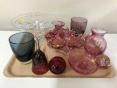 A tray of assorted cranberry and ruby glass ware, glass fruit bowl,