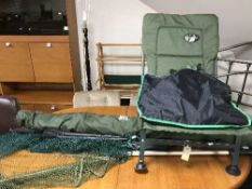 A folding Sentinel fishing chair, two rods, pole rod, Ron Hutchinson shelter,