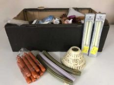 Three boxes of shells, candles, ornaments, Teddy bears,