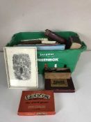 A box of framed card games, dominoes,