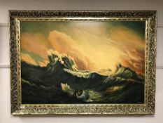 A gilt framed oil on board : boat in stormy water
