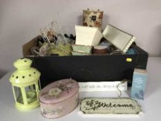 Two boxes of planters, candle holders, metal lanterns,