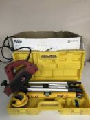 Two boxes of submersible pump, hand tools, tool box, planer,