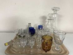 A tray of two glass decanters with stoppers, assorted drinking glasses, tankard,