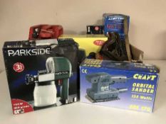 Two boxes of power tools - orbital sander, heat gun, etc Clarke Pole saw set, hand tools, jerry can,