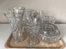A tray of cut glass vases, bowls,