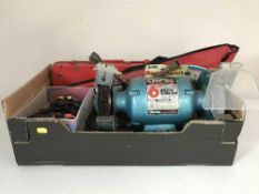 Two boxes of Generation 3 car lights, Clarke bench grinder, tow bar,