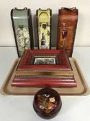 A tray of three wooden wine boxes, Japanese lidded bowl,