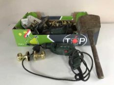 A box of assorted power tools, hand tools,