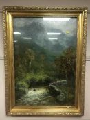 John Falconer Slater (1857-1937): A misty upland stream, oil on board, 54 cm x 78 cm, signed,
