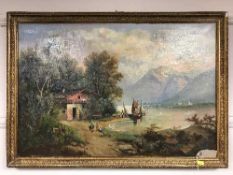 Nineteenth century school : Figures by a lake, oil on canvas, framed.
