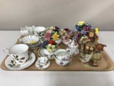 A tray of two Goebel figures, posies, Coalport shell dish, shallow dishes,
