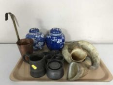 A pair of 20th century blue and white lidded temple jars,