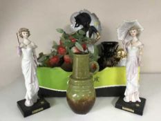 Two boxes of figures, oriental vases, art deco figure,