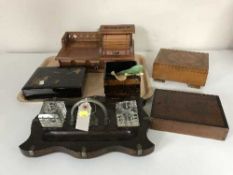 A tray of late Victorian oak desk stand with inkwells, lacquered boxes, jewellery box, shoe horn,