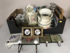 Two boxes of china, picture frames,