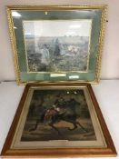 A framed lithographic print depicting an officer of the Life Guards and four other prints