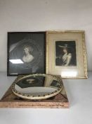 A cream and gilt porthole mirror, two framed prints,