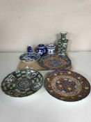 A tray of 20th century oriental plaques, vases,