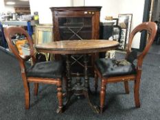 A Victorian inlaid pedestal occasional table and pair of balloon back chairs