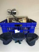 Two boxes of dolls, dolls wicker patio set, metal sign,