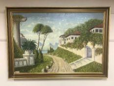 A gilt framed oil on canvas : villa by a lake