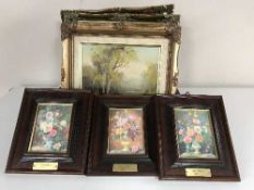 Four gilt framed oils on canvas and three mahogany framed still life panels (7)