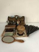 A wooden desk stand, postcards, treen boxes, opera glasses,