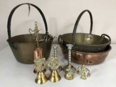 An antique twin handled copper pan, two jam pans,