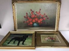 A gilt framed still life oil on canvas depicting roses and four other pictures (5)