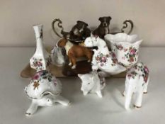 A tray of seven pieces of Crown bone china, dog ornaments,