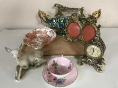 A tray of Royal Crown Derby Red Aves dish, Paragon bone china cup and saucer, metal picture frames,