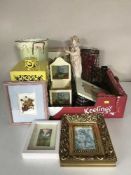 Two boxes of picture frames, photo frames, candle holders, metal planters,
