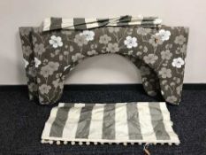 A set of three cascade blinds, together with the three lambrequin padded pelmets, fabrics by Romo,