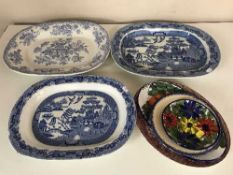 Three antique blue and white meat plates, collection of dinner plates, boxed Sadler teapot,