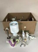 Two boxes of assorted china, plates, marble table lamp, figure,