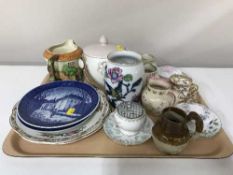 A tray of Royal Copenhagen plates, Beswick cottage ware jug, Poole lidded barrel,