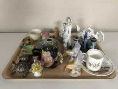 A tray of continental figures, royal Doulton character jug Baccus D6506, Wade tortoise,
