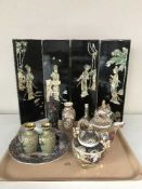 A tray of oriental lacquered four fold screen, 20th century Japanese vases, pair of cloisone vases,