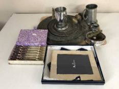A tray of three antique pewter plates, boxed Aquascutum NUFC picture frame,