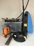 A Kew pressure washer, Bosch drill stand, box of hand tools,