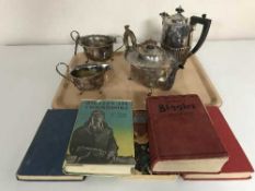 A tray of three piece plated tea service,