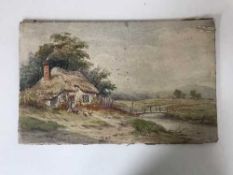 John Davison Liddell (1859 - 1942) : A lady with hens outside a thatched cottage, watercolour,