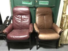 A brown leather adjustable armchair and one other
